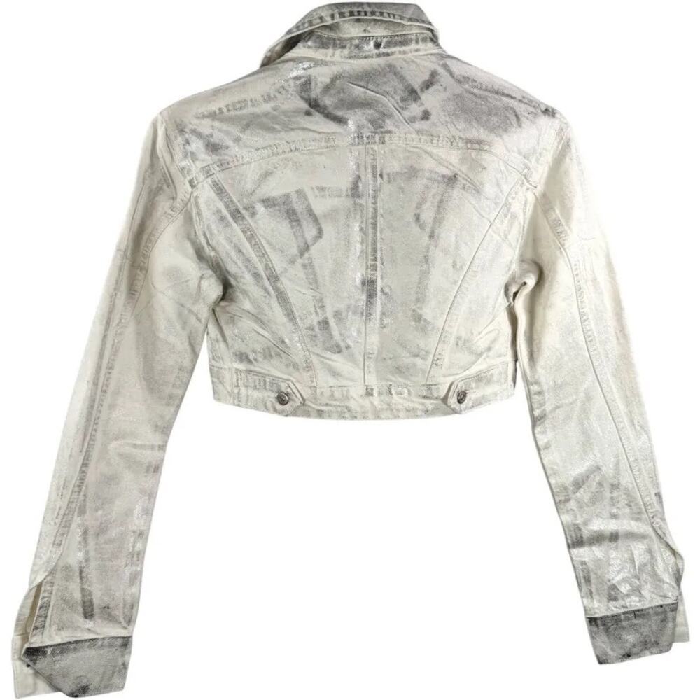 NWT Zara Y2K Metallic Retro Vintage Crop Denim Jacket White Silver Small - Picture 7 of 7
